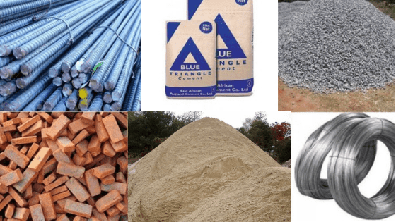 Building materials: rebar, cement, ballast, bricks, sand and wire
